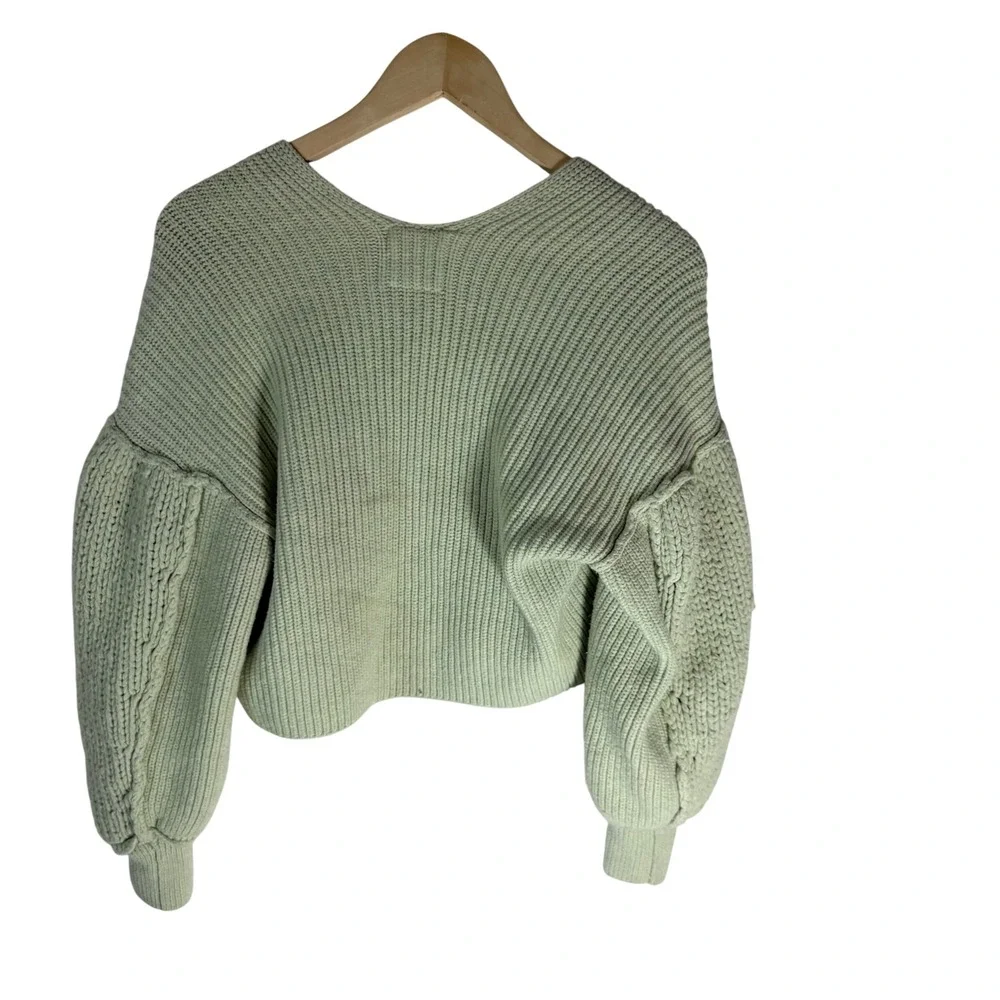 We‎ The Free Sea Bright Pale Green Chunky Knit V-Neck Cropped Sweater XS